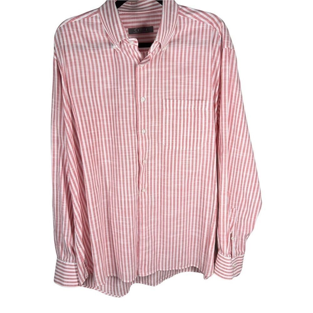 CASSERA Mens Sz 18 1/2 Red White Striped Linen Blend Shirt